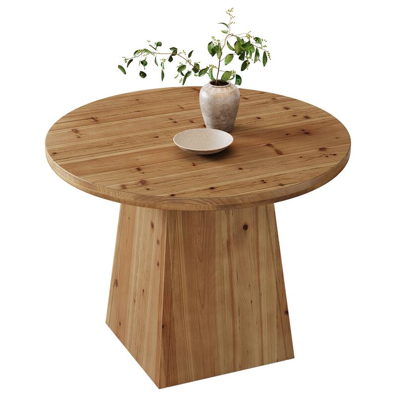 Solid Wood Round Dining Table for 4, Small Circle Kitchen Table with Sturdy Pedestal Base