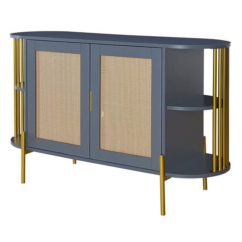 Sideboard Buffet Cabinets with Woven Ratta Doors, Curved Kitchen Storage Cabinets, Wood Coffee Bar Tables