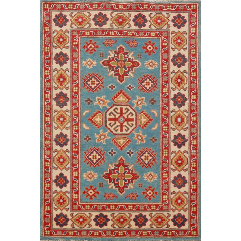 Light Blue Kazak Foyer Rug Handmade Traditional Accent Wool Carpet - 2'9"x 3'11"
