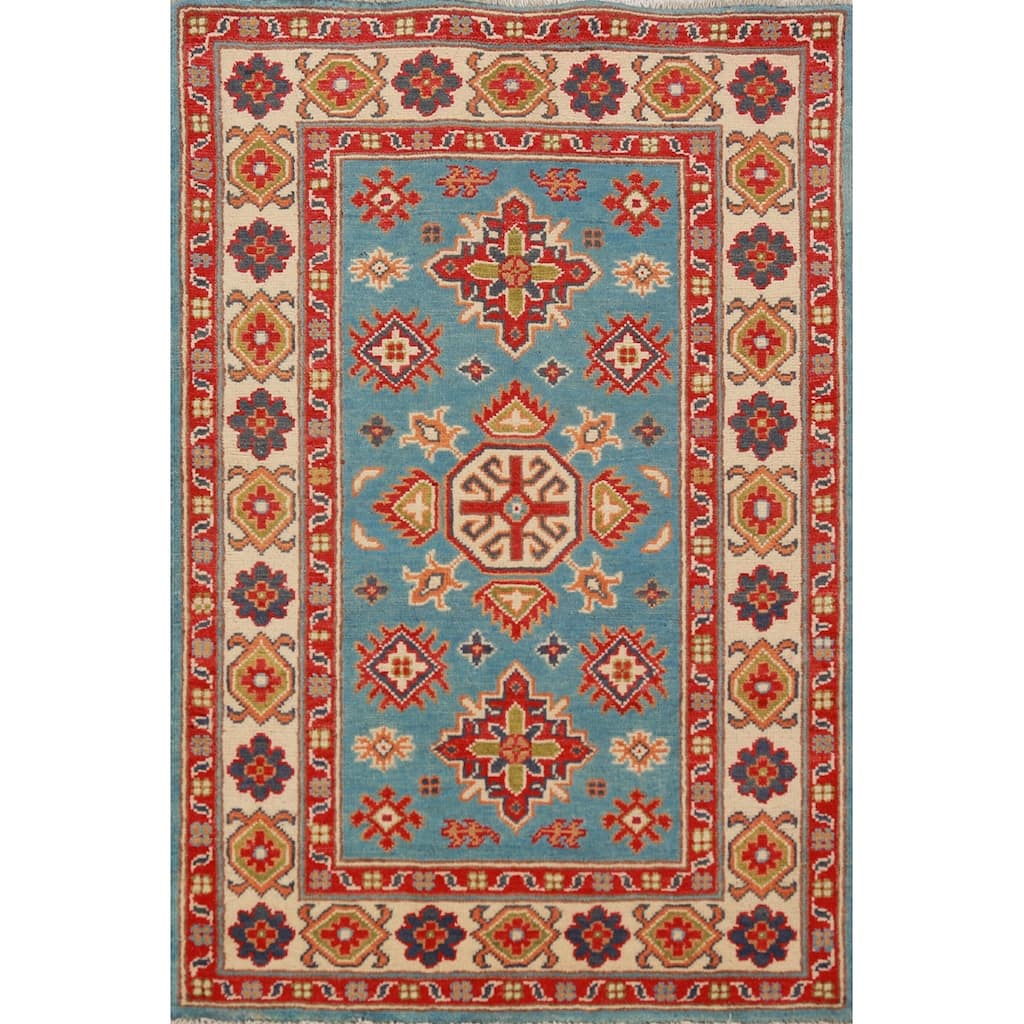 Light Blue Kazak Foyer Rug Handmade Traditional Accent Wool Carpet - 2'9"x 3'11"