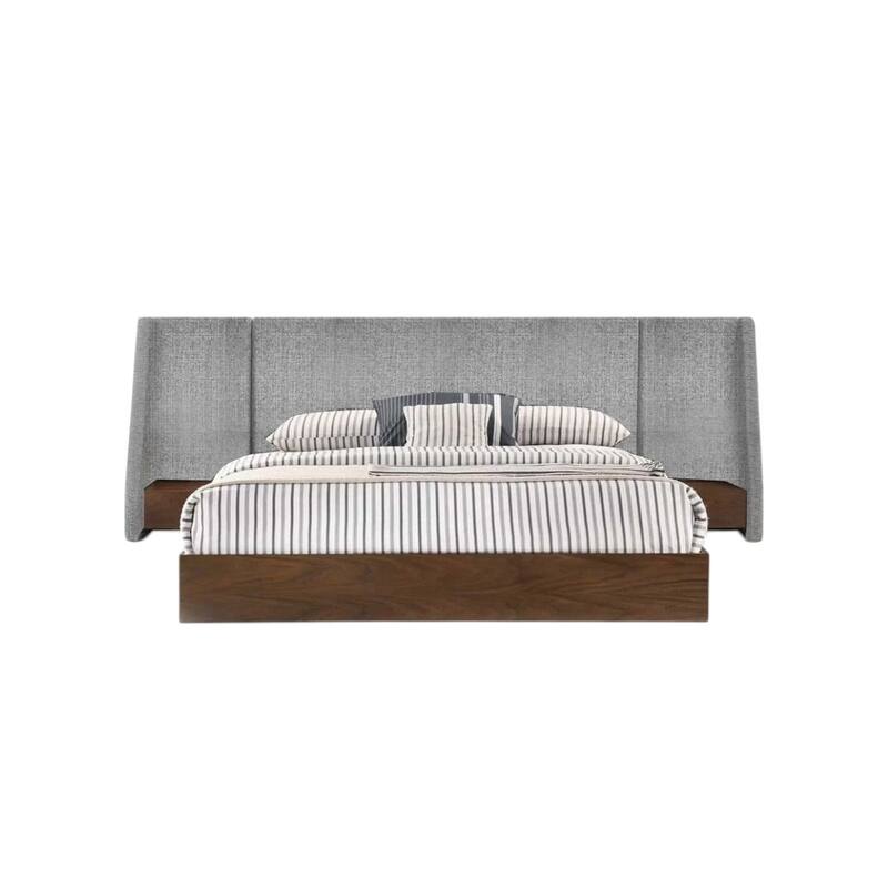 HomeRoots Brown and Gray Wood And Upholstery King Bed Frame With Attached Nightstands