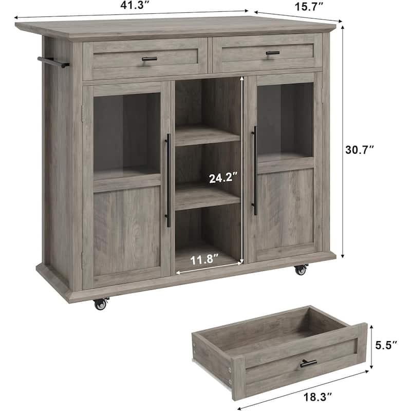 Kitchen Island, Rolling Kitchen Island Cart On Wheels With Widen Drop Leaf Top, 2 Glass Doors, Spice Rack & Towel Holder