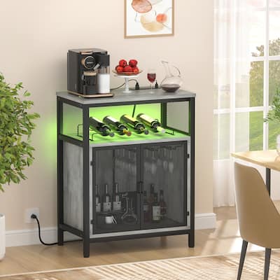 Wine Bar Cabinet with RGB Light and Outlet, Liquor Cabinet with Glass Holder and Wine Rack