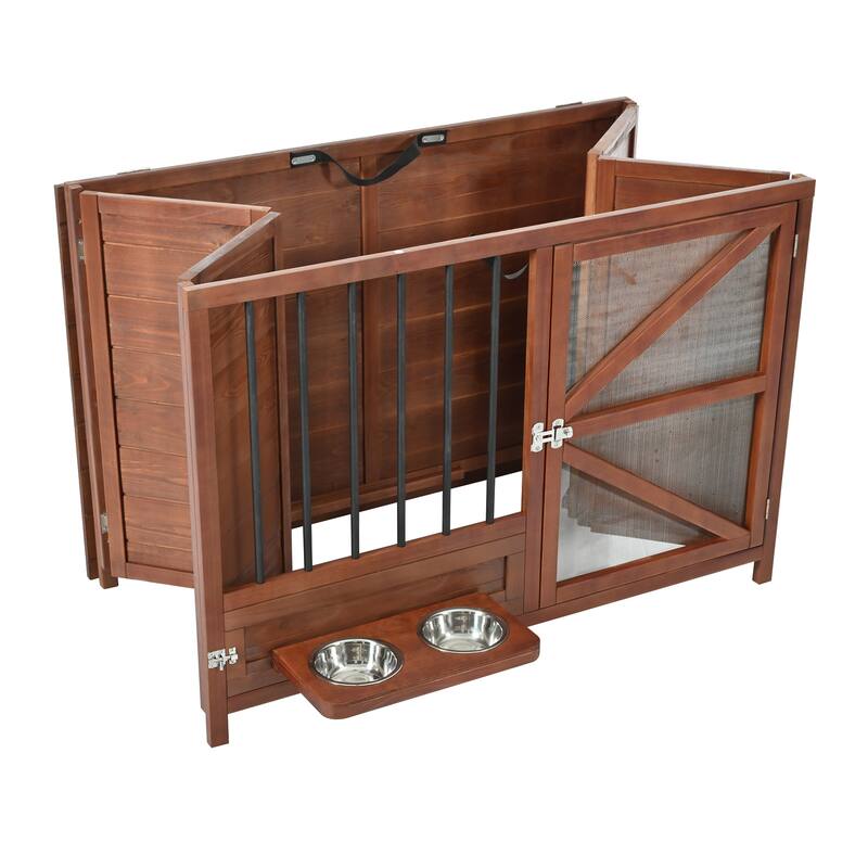 43" Solid Wood Dog Crate Furniture, Foldable Indoor Kennel with 360° Rotating Feeder Multi-Functional End Table