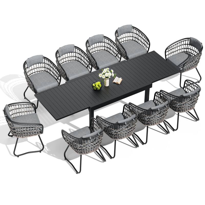 11 Piece Set Outdoor Aluminum Expandable Rectangle Patio Dining Table Set with Rattan Chairs - Grey