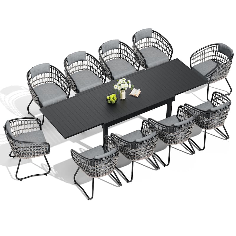 5/7/11-Piece Set Outdoor Aluminum Extendable Patio Dining Table Set with Rattan Chairs