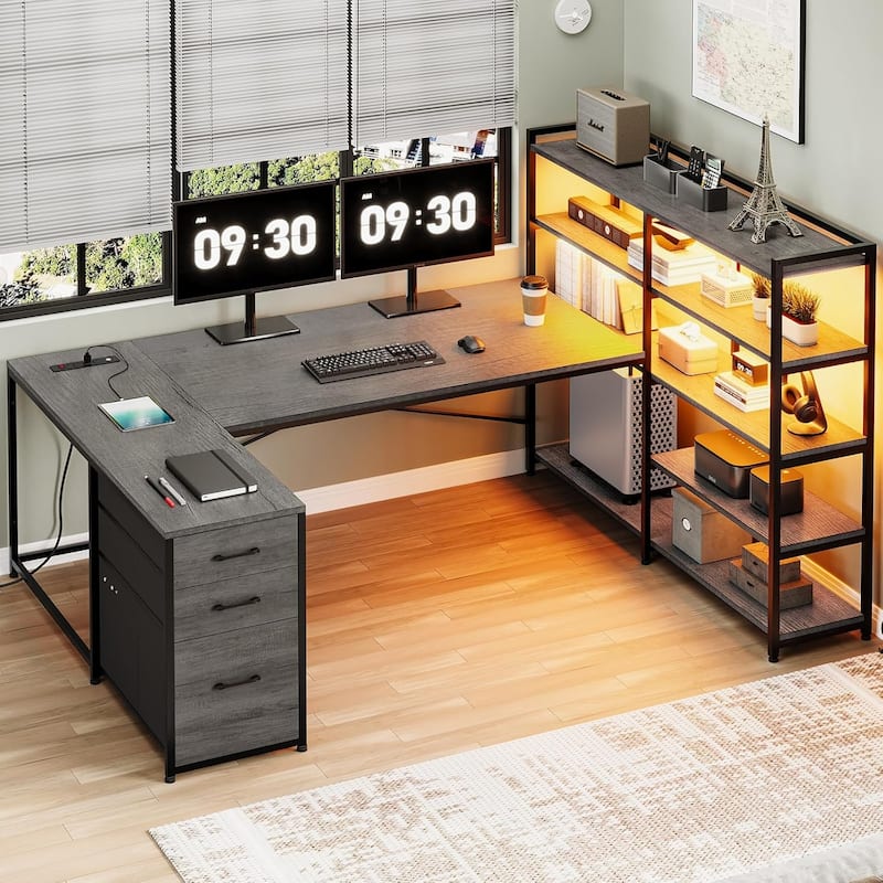 L Shaped Desk Gaming Desk 3 Fabric Drawers 5 Storage Shelves