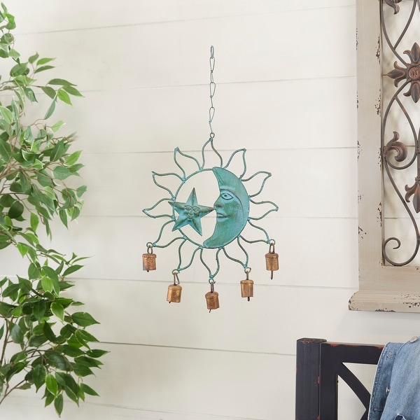 Teal Metal Sun and Moon Windchime with Bells