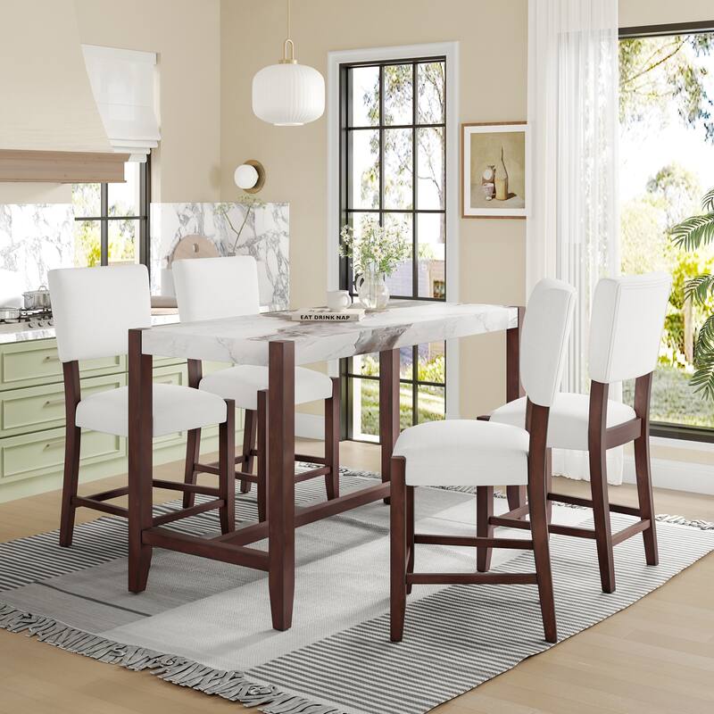 5-Piece Counter Height Dining Table Set, Faux Marble Bar Table and 4 Upholstered-Seat Chairs - Beige+White