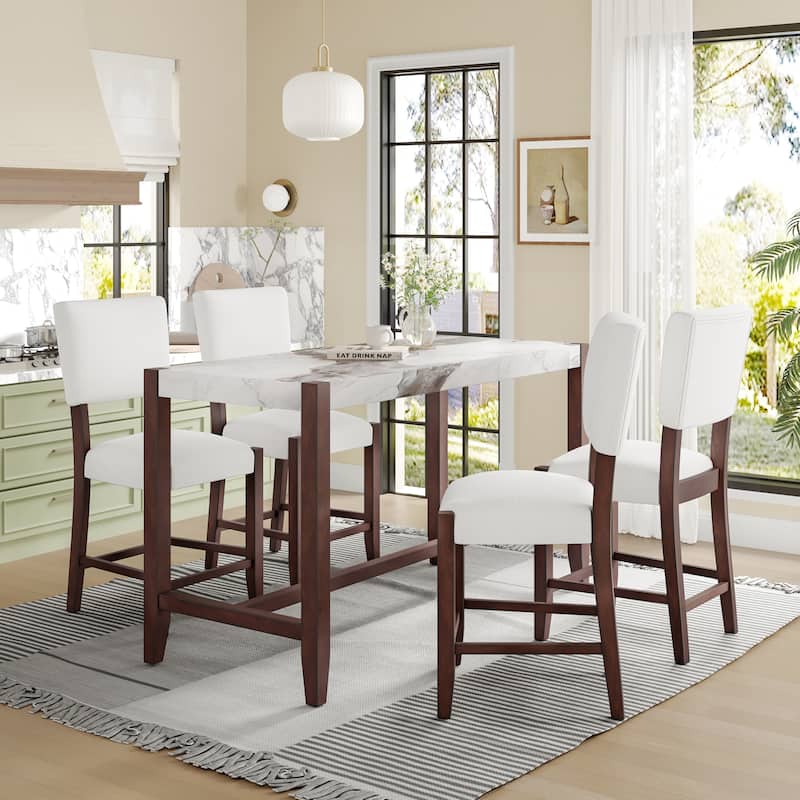 5-Piece Counter Height Dining Table Set Faux Marble Bar Table and 4 Armless Chair, Modern Dining Table Set for Pub Kitchen - Beige+White