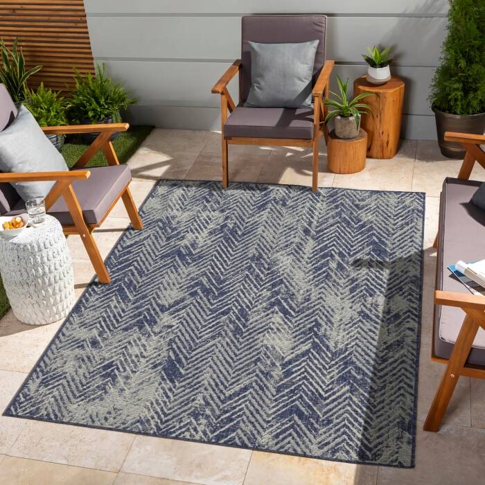Blue Horizontal Stripe Outdoor Rugs for Living Rooms, Patios, Decks - 123in*94in