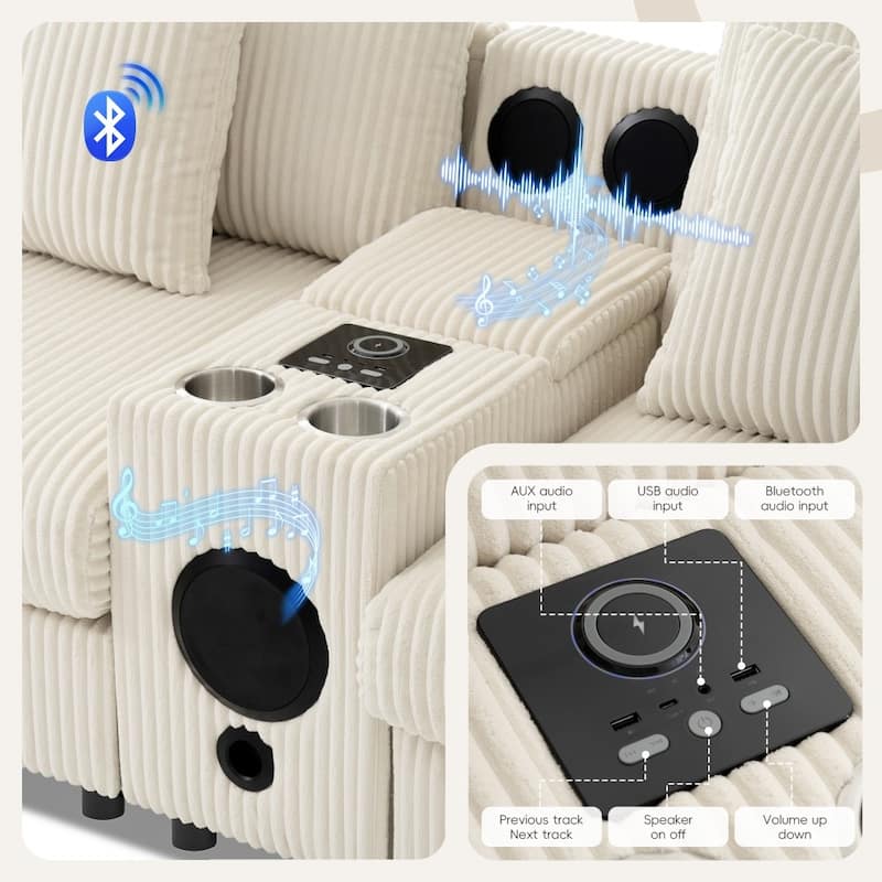 114'' Corduroy Sectional Sofa with Bluetooth Speakers and Console,USB Charger,Cup Holders,Storage,Ottoman