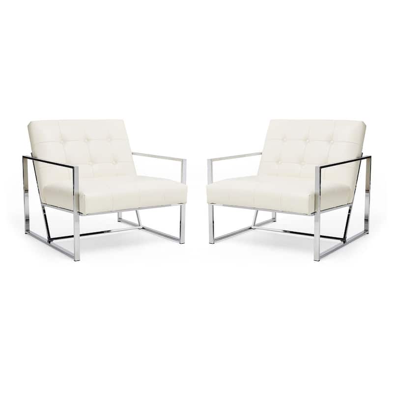 Glitzhome Set of 2 29.25"W Mid-Century PU Leather Tufted Accent Chairs - Cream-with Chrome Frame