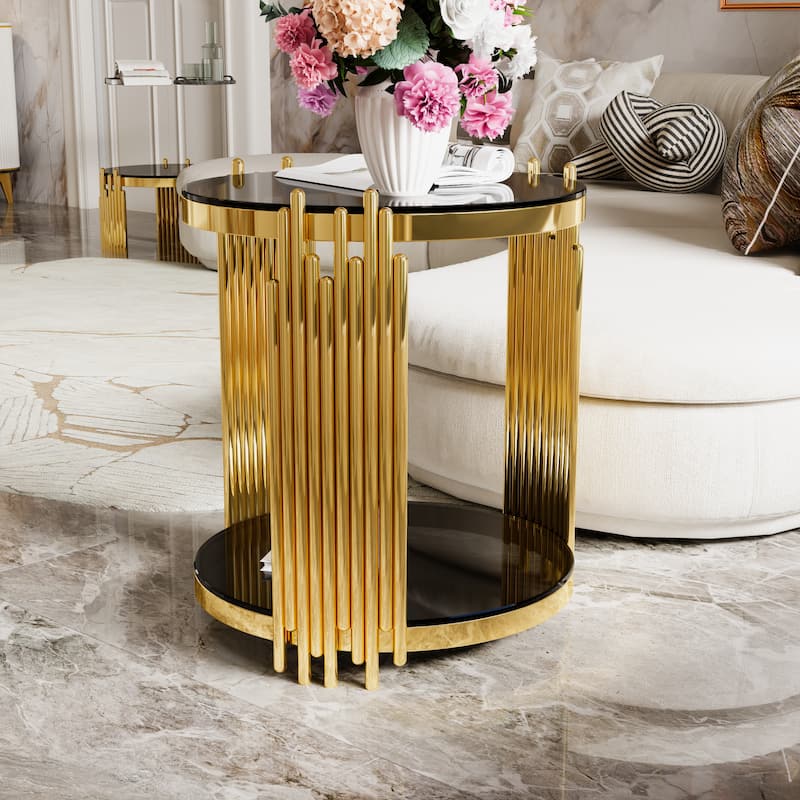 19.8" Modern Transparent Glass End Table for Living Room, Round, Asymmetrical Metal, Gold Finish & Lower Shelf