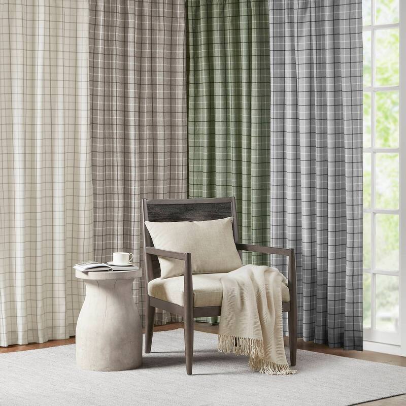Madison Park Anaheim Plaid Faux Leather Tab Top Single Curtain Panel with Fleece Lining