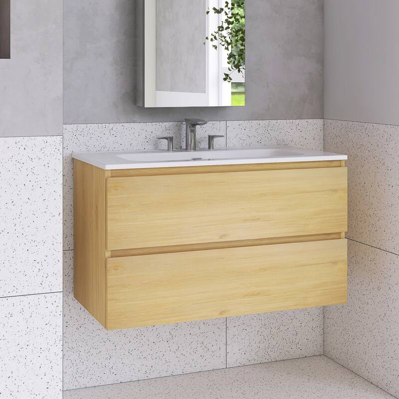 Floating Integrated Bathroom Vanity with Ceramic Sink, Three Faucet Holes