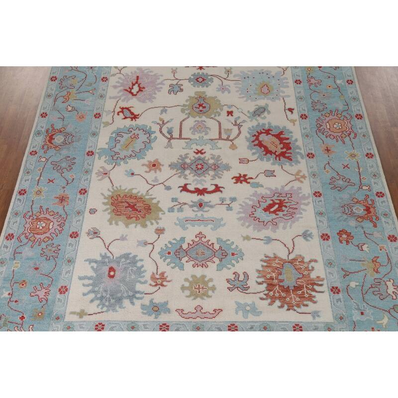 Floral Ivory Oushak Oriental Area Rug Hand-Knotted Wool Carpet - 9'1"x 12'0"