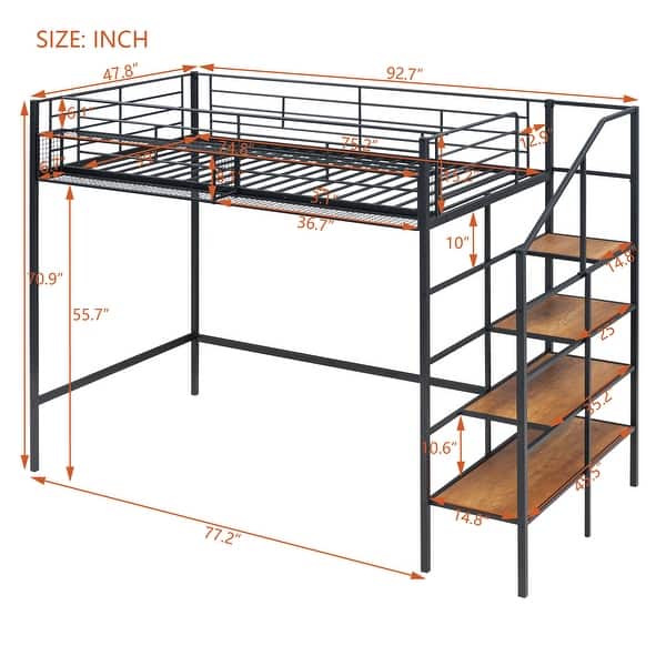 Metal Loft Bed with Grid Storage Guardrail and Storage Ladder