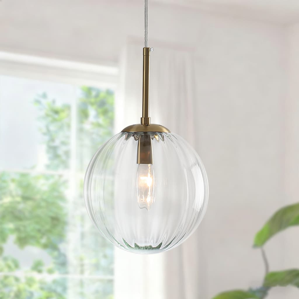 1-Light Brushed Gold Pendant Lighting with Clear Ribbed Glass Shade