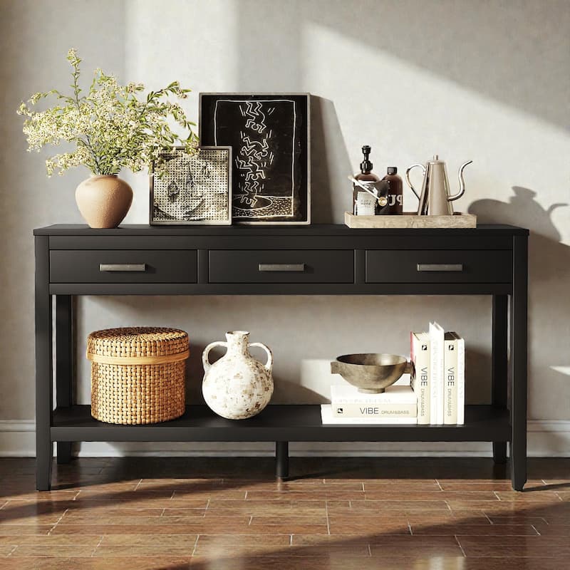 59.1 Inch Farmhouse Console Table with 3 Drawers and Bottom Shelf, Painted Entryway Sofa Table - Black
