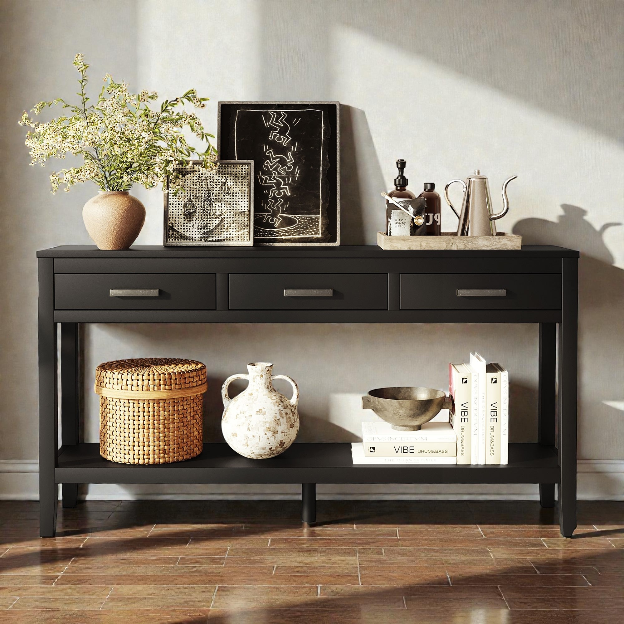 59.1 Inch Farmhouse Console Table with 3 Drawers and Bottom Shelf, Painted Entryway Sofa Table