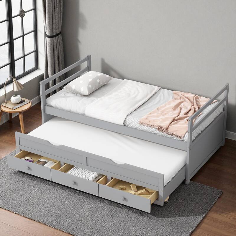 Twin Size Bed with Headboard, Footboard, Trundle, and Three Storage Drawers, Solid Pine Wood Twin Bed Frame with Storage