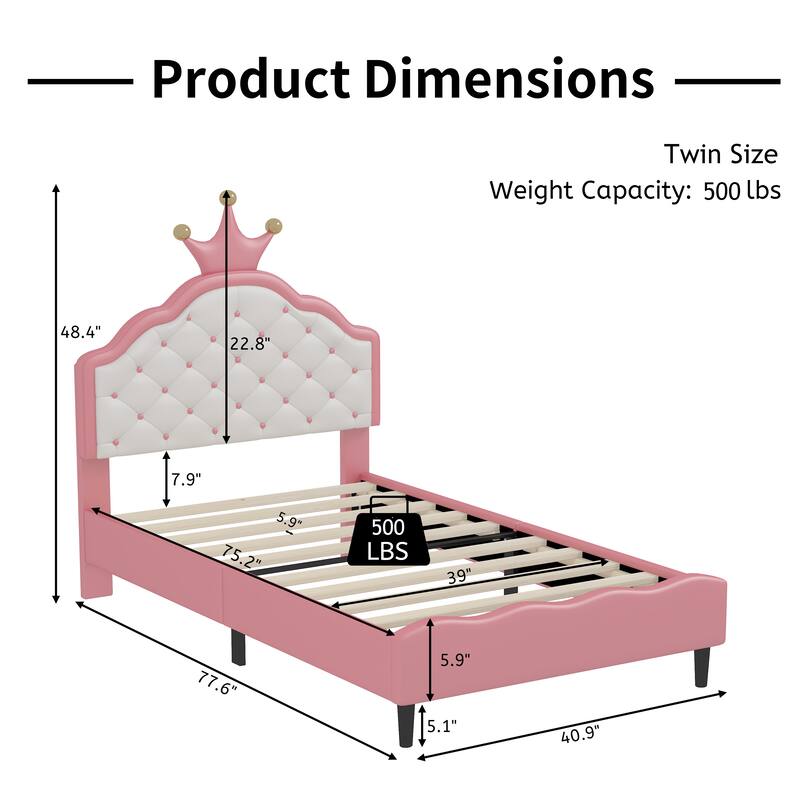 Twin Size Lovely Crown Fantasy PU Leather Princess Bed with Tufted Headboard, Pink+Cream