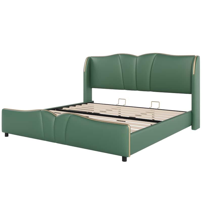 Christopher Knight Home - Emerson Modern Leather Upholstered Bed Frame with Wingback Headboard and Wavy Footboard