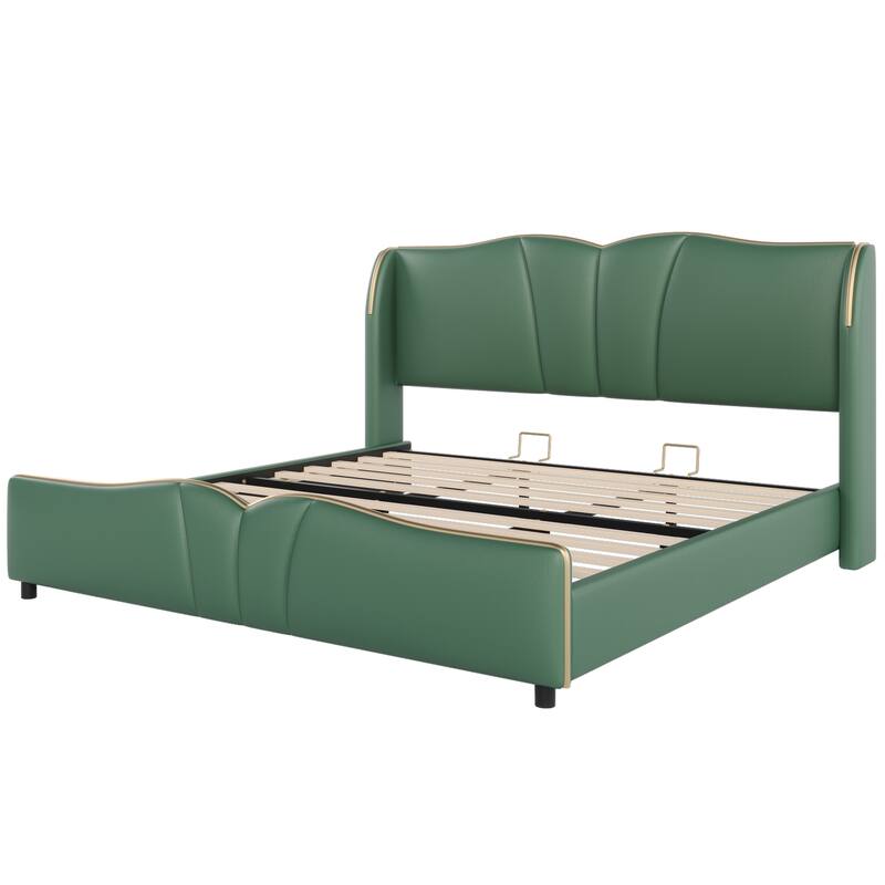 PU Leather Upholstered Bed Wingback Bed, Platform Bed Frame with Wave-Shaped Headboard & Footboard