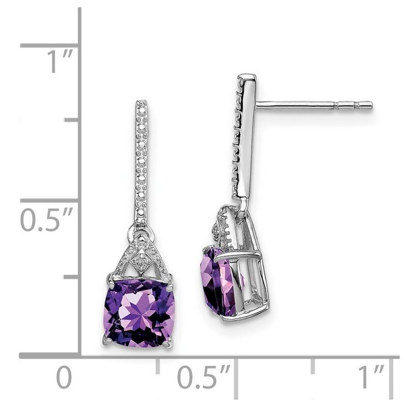 Curata 925 Sterling Silver Dangle Polished Open back Rhodium Plated Diamond and Amethyst Post Earrings - 20x6mm Wide
