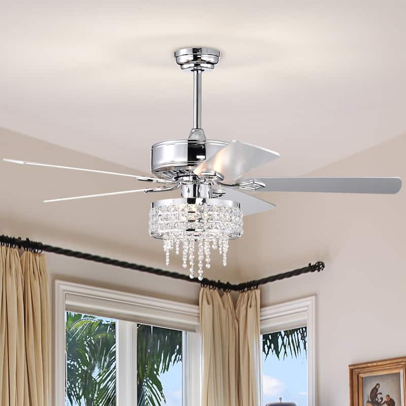 52” Modern Crystal Ceiling Fans with Lights Remote Control, Ceiling Fan with 5 Blade for Living Room, AC Motor, Chrome - Chrome