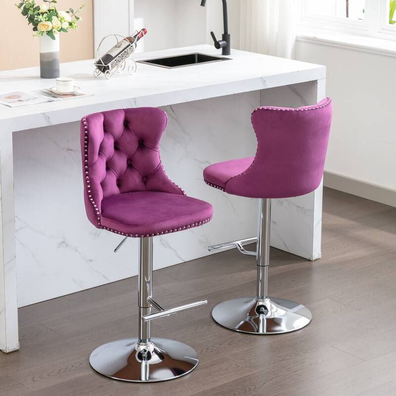 Roomfitters Swivel Velvet Bar Stools Set of 2, Adjustable Height Tufted Upholstered Counter Chairs with Chrome Base and Backrest - Purple