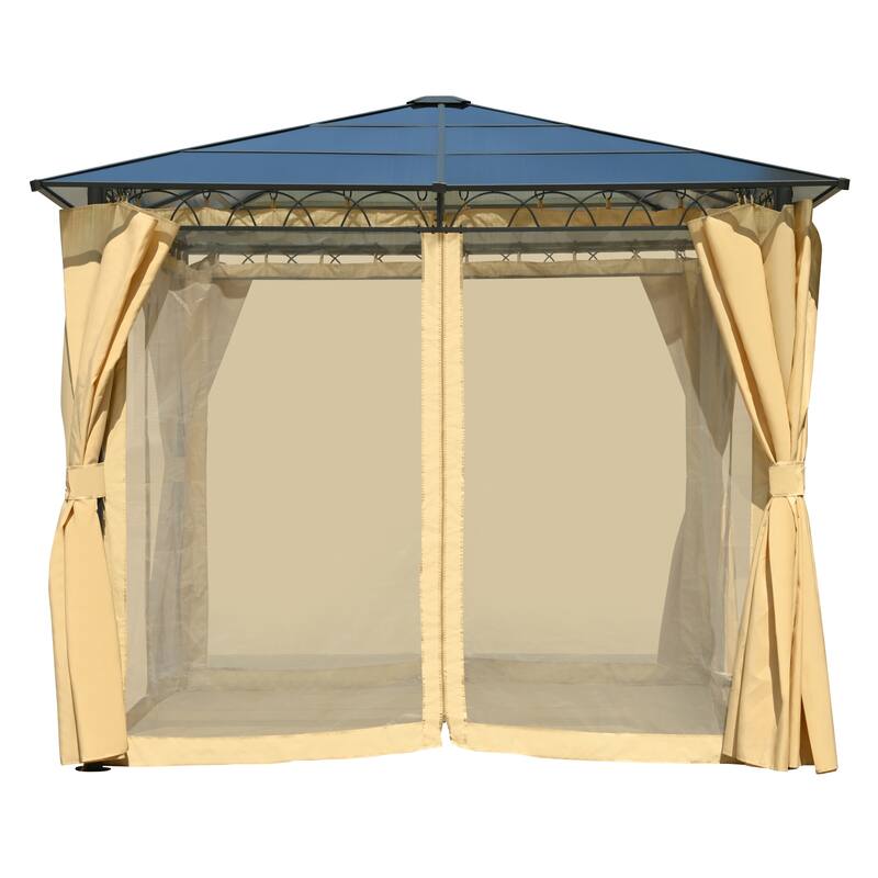 Roomfitters 10x10 FT Hardtop Gazebo with Polycarbonate Roof, Aluminum Frame, Curtains & Mesh for Privacy or Ventilation