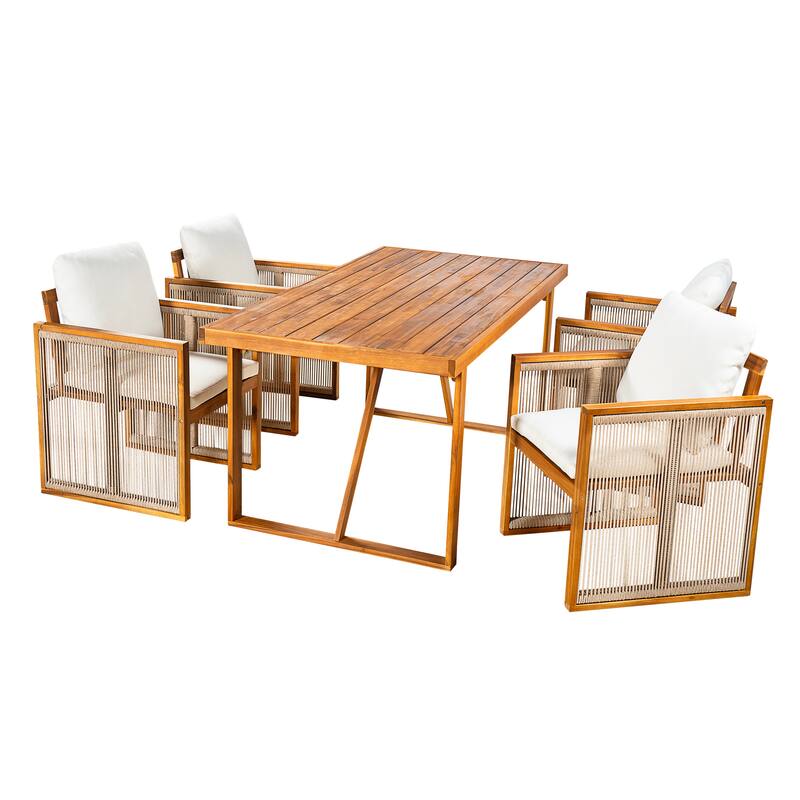 Christopher Knight Home - Modern Outdoor Acacia Wood Dining Set with Cushions and Handwoven Rope Chairs