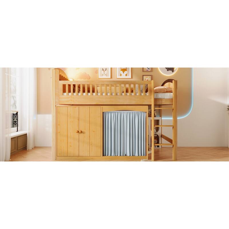 Roomfitters Twin/Full Size Loft Bed with Storage Cabinet, Wardrobe and LED Light