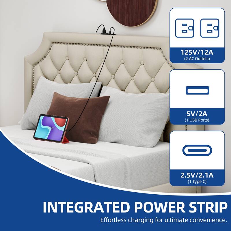 Moasis Velvet/Linen Upholstered Bedframe with Adjustable Headboard and 4 Storage Drawers