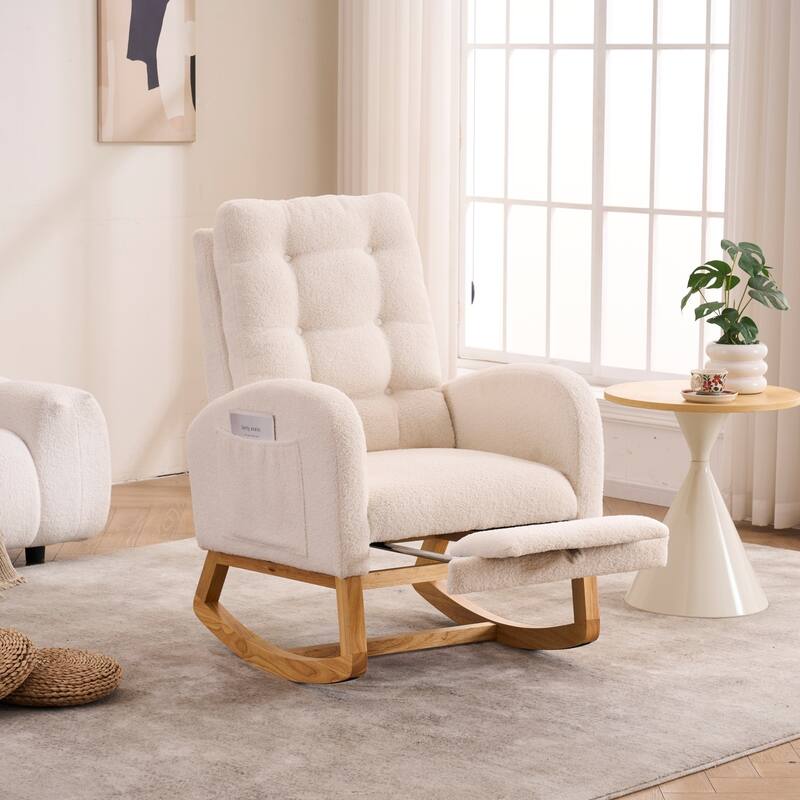 Rocking Chair with Footrest, Cream White High-Back Rocker, Rubber Wood Lounge Chair, 38.36"W x 26.77"D x 39.76"H