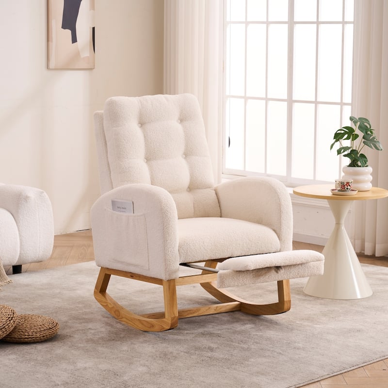 Rocking Chair with Footrest, Nursery Glider Chair with Rubber Wood Legs Side Pocket, High Back Nursing Chair - Beige White + Teddy + Foam