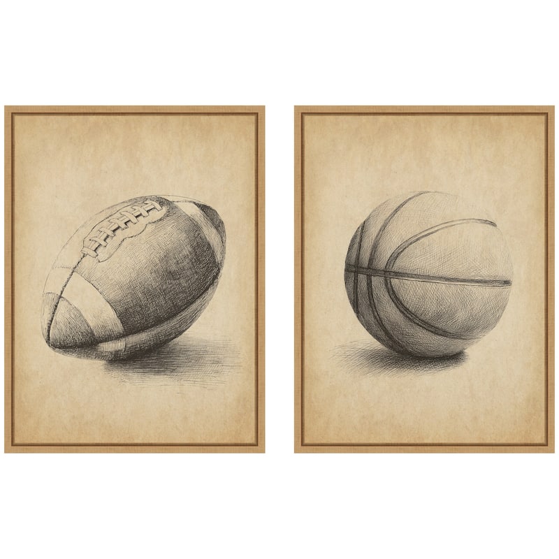Kate and Laurel Vintage Football & Basketball 2 Piece Framed Canvas Wall Art Set by The Creative Bunch Studio - 2 Piece Set 18x24 - Natural