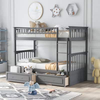 Gray Solid Pine Wood Convertible Bunk Bed with 2 Drawers, Fence-shaped Guardrail