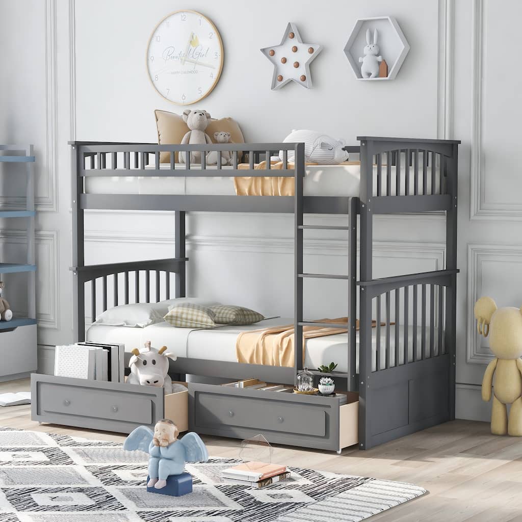 Grey Twin Over Twin Pine Wood Bunk Bed with Drawers, Guardrail, Convertible