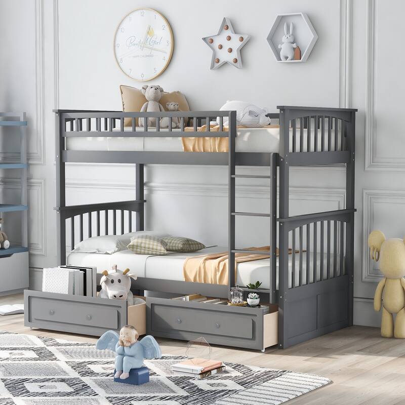 Solid Wood Twin Bunk Bed with Convertible Design, Drawers, and Fence Guardrails for Safe Sleeping - Grey