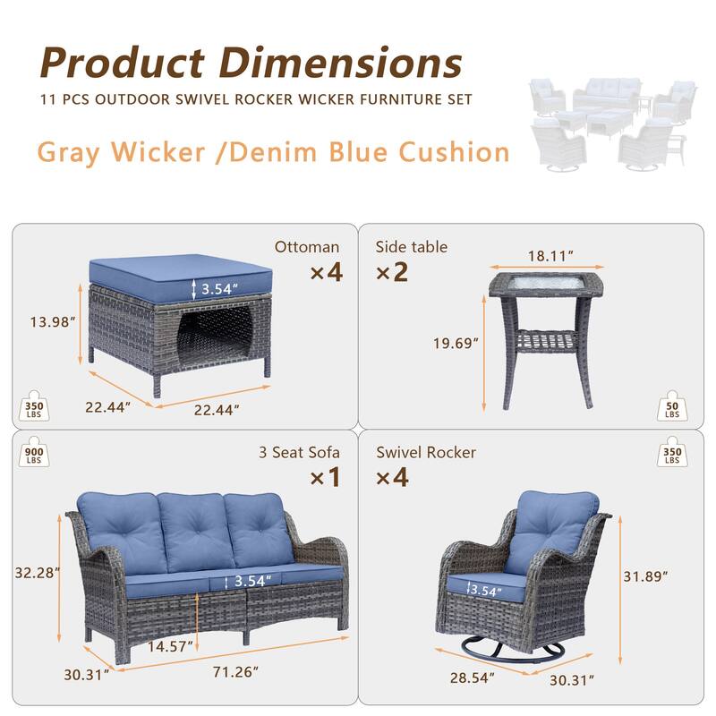 11 Piece Rattan Wicker Outdoor Patio Furniture with Swivel Chairs Set