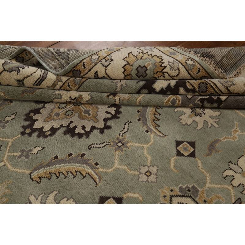 Green Floral Oushak Indian Area Rug Hand-Knotted Wool Carpet - 9'1"x 11'10"