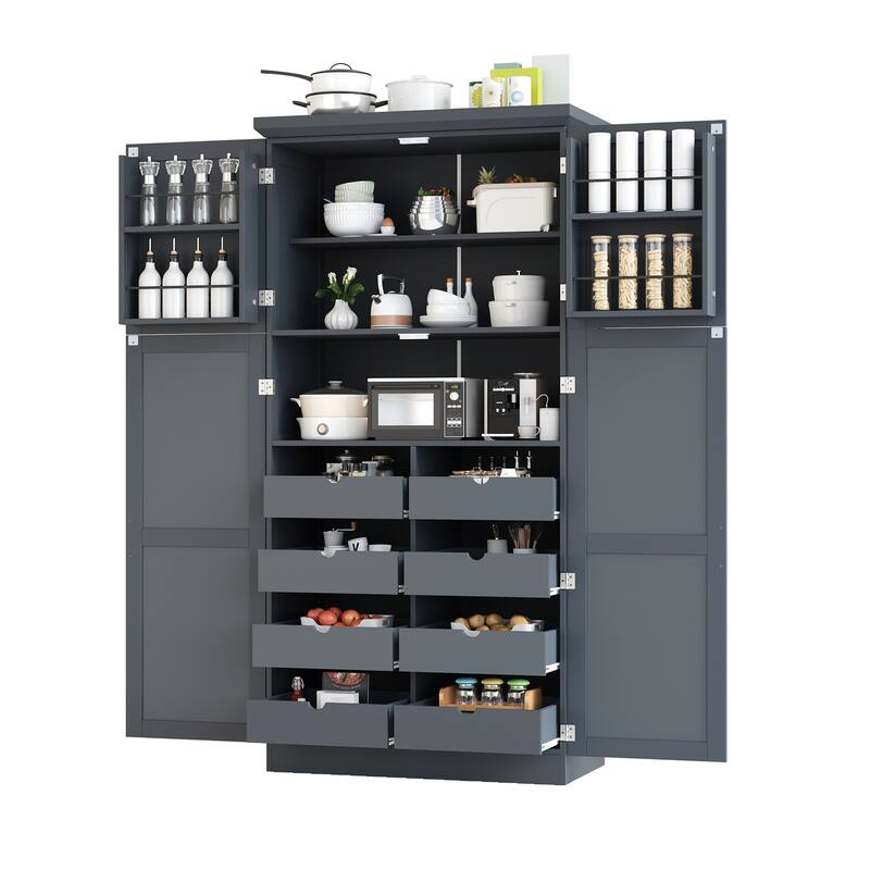 70.9 inch Freestanding Kitchen Cabinet, Tall Storage Cabinet with 4 Doors, 2 Door Shelves, 8 Pull-out Trays and Adjustable Shelf