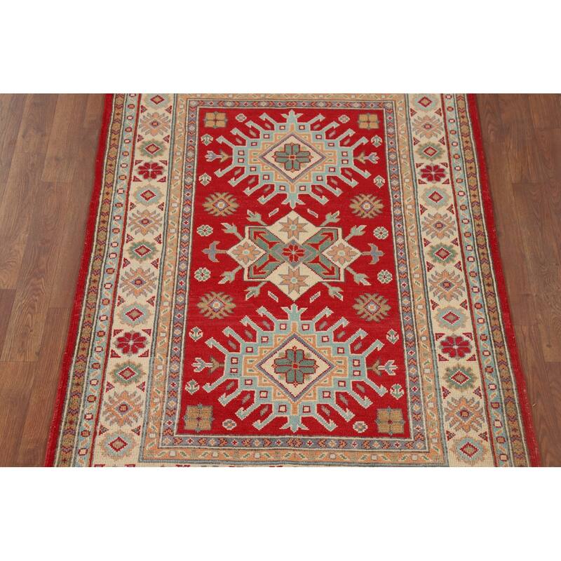 Kazak Accent Rug Handmade Geometric Red Wool Carpet - 3'5" x 4'11"