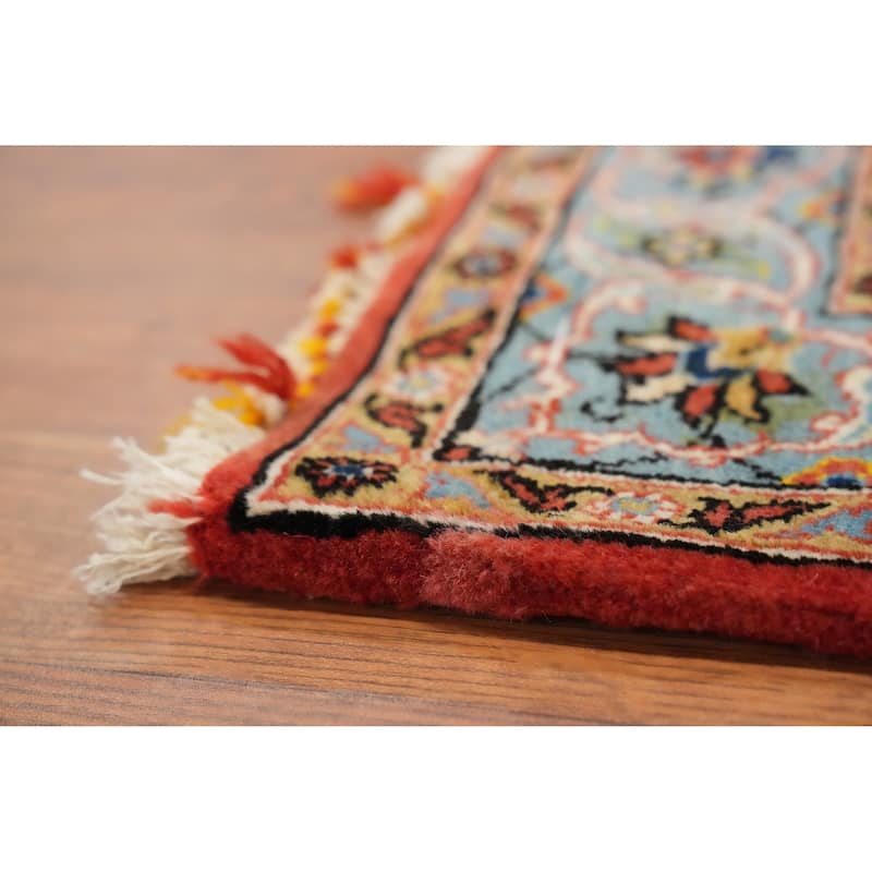 Hand Knotted Oriental 100% Wool Carpet Traditional Floral Navy Blue & Blues Kashan Runner Rug - 10' 9'' X 3' 6''