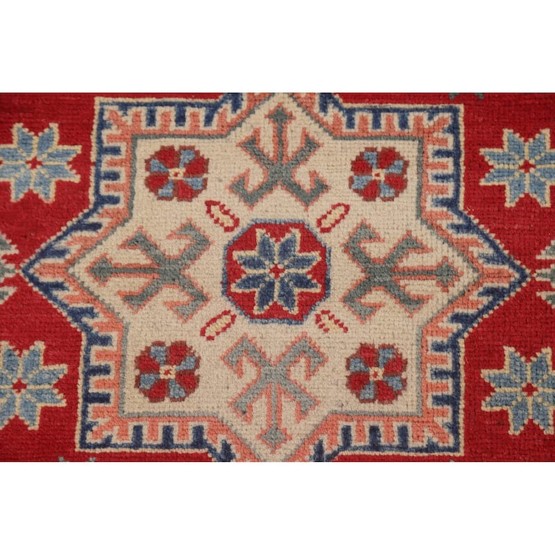 Geometric Red Kazak Runner Rug Hand-Knotted Wool Carpet - 2'9" x 8'0"