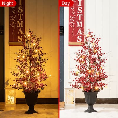 Glitzhome 3ft Christmas Lighted Berry Pine Cone Urn Porch Tree With Timer