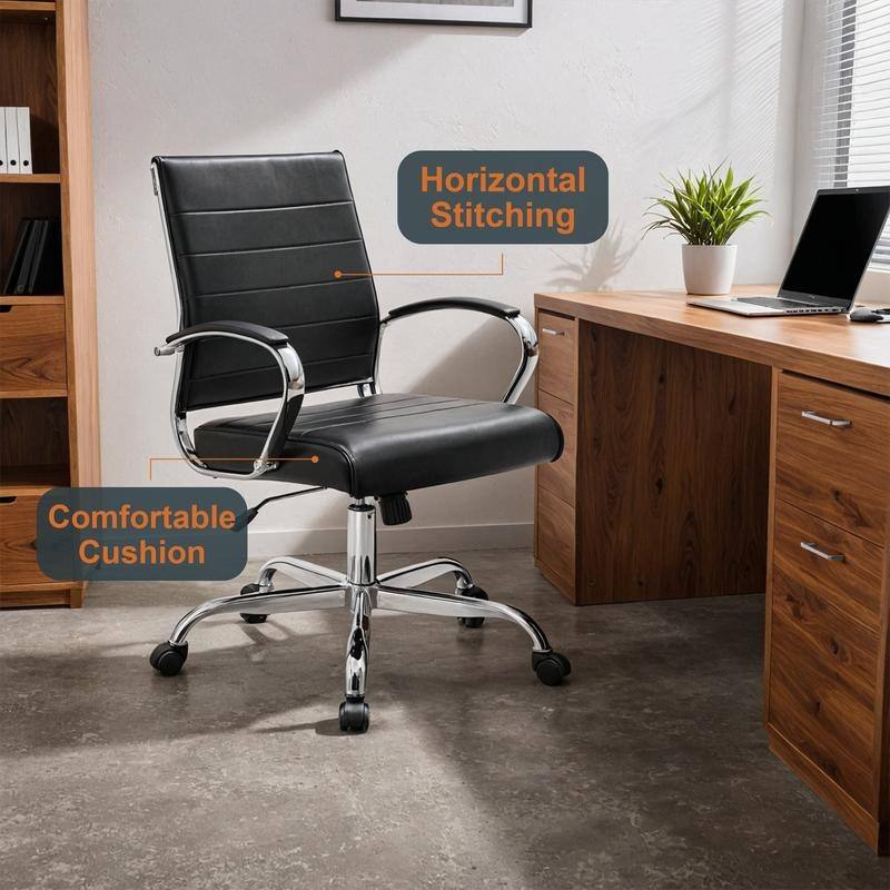 Benmar Modern Leather Ribbed Executive Office Chair with Chrome Frame, Adjustable Height, 360° Swivel, and Rolling Casters